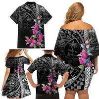 Guahan Puti Tai Nobiu Family Matching Off Shoulder Short Dress and Hawaiian Shirt Guam Bougainvillea Flower Art