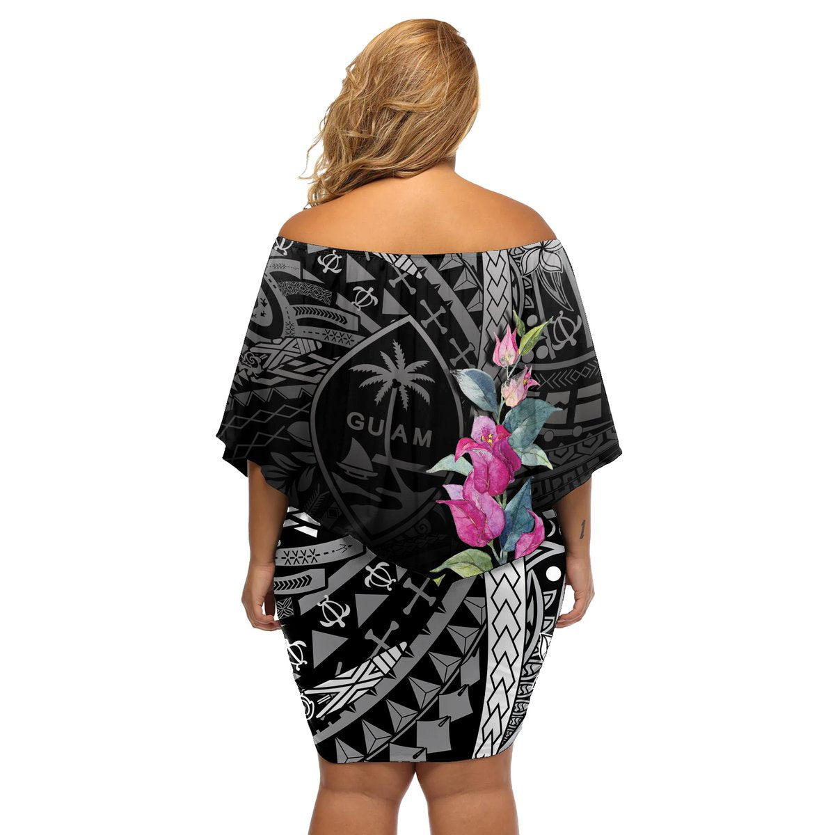 Guahan Puti Tai Nobiu Off Shoulder Short Dress Guam Bougainvillea Flower Art