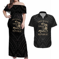 Personalized Haiti First Black Republic Couples Matching Off Shoulder Maxi Dress and Hawaiian Shirt Negre Marron With Map And Flag