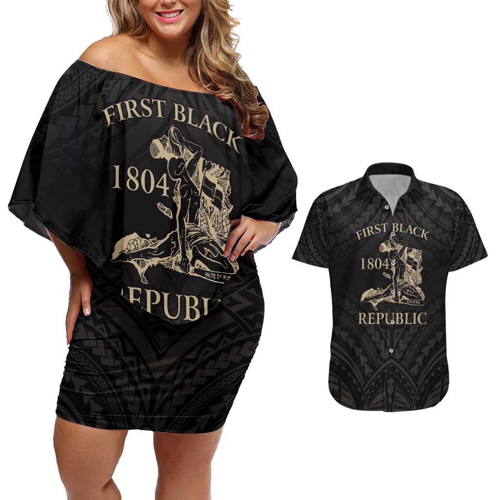 Personalized Haiti First Black Republic Couples Matching Off Shoulder Short Dress and Hawaiian Shirt Negre Marron With Map And Flag