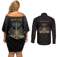 Personalized Haiti First Black Republic Couples Matching Off Shoulder Short Dress and Long Sleeve Button Shirt Negre Marron With Map And Flag