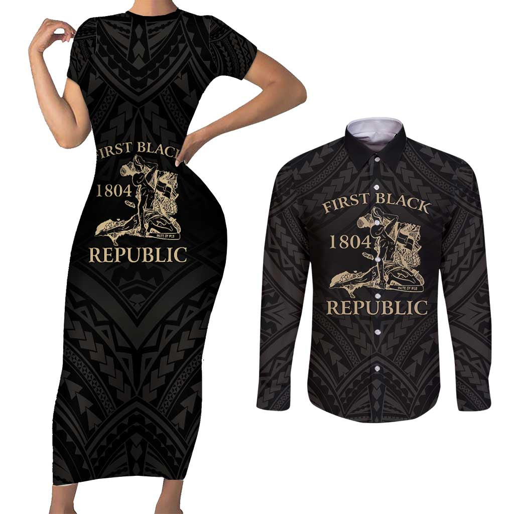 Personalized Haiti First Black Republic Couples Matching Short Sleeve Bodycon Dress and Long Sleeve Button Shirt Negre Marron With Map And Flag LT9 Black - Polynesian Pride