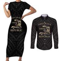 Personalized Haiti First Black Republic Couples Matching Short Sleeve Bodycon Dress and Long Sleeve Button Shirt Negre Marron With Map And Flag LT9 Black - Polynesian Pride