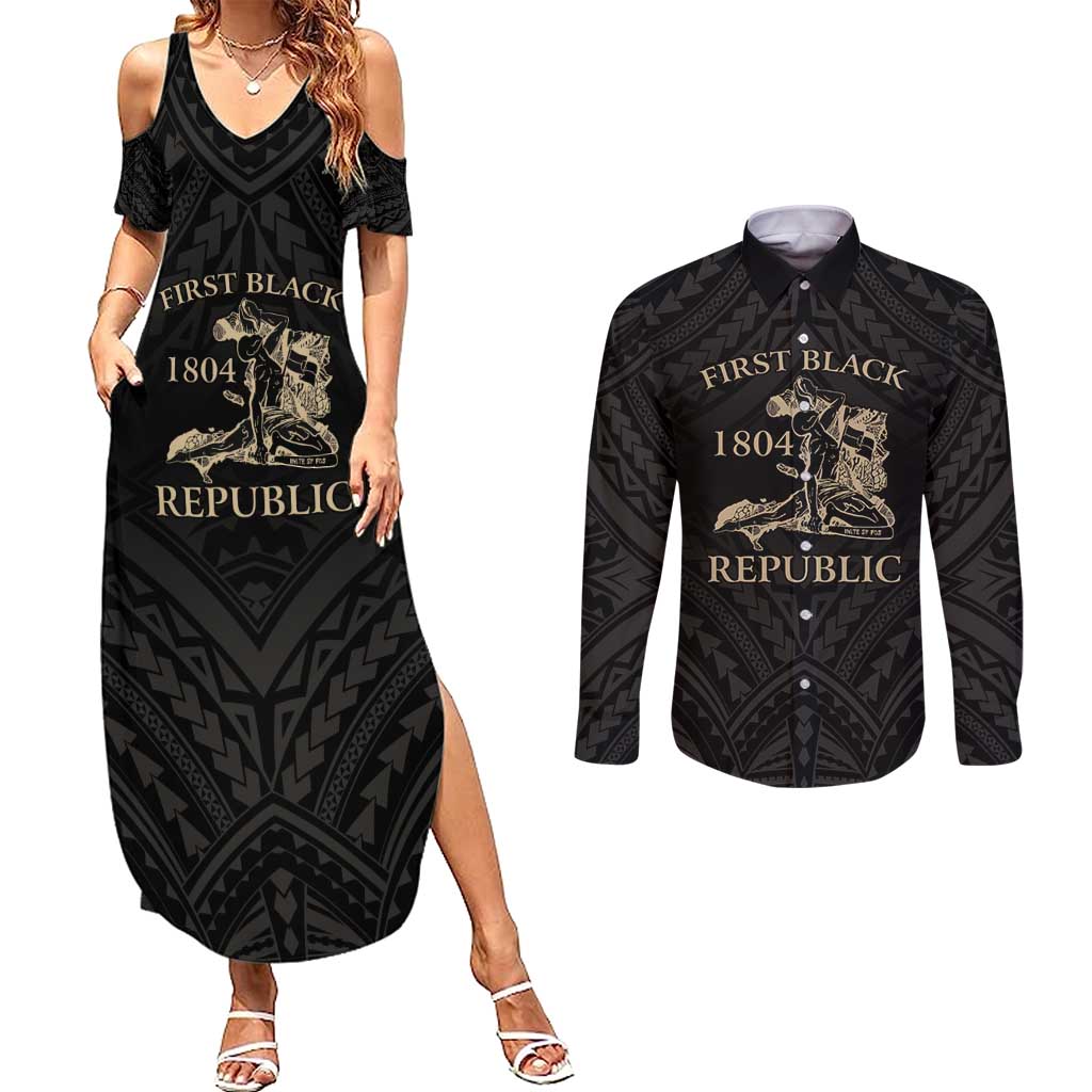 Personalized Haiti First Black Republic Couples Matching Summer Maxi Dress and Long Sleeve Button Shirt Negre Marron With Map And Flag LT9 Black - Polynesian Pride