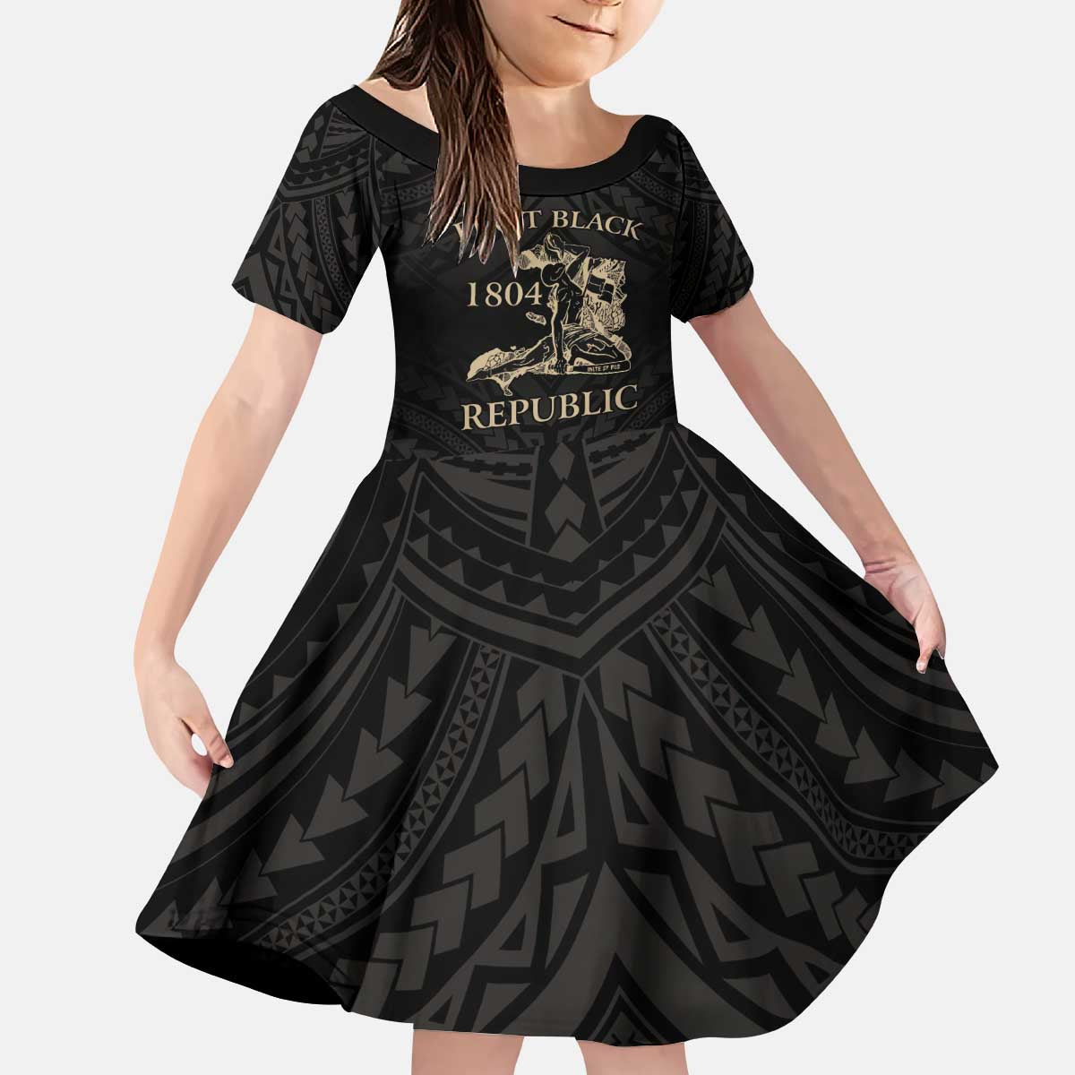 Personalized Haiti First Black Republic Kid Short Sleeve Dress Negre Marron With Map And Flag LT9 KID Black - Polynesian Pride