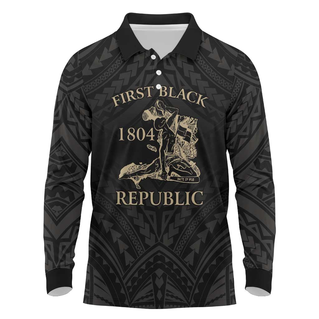 Personalized Haiti First Black Republic Long Sleeve Polo Shirt Negre Marron With Map And Flag LT9 Black - Polynesian Pride
