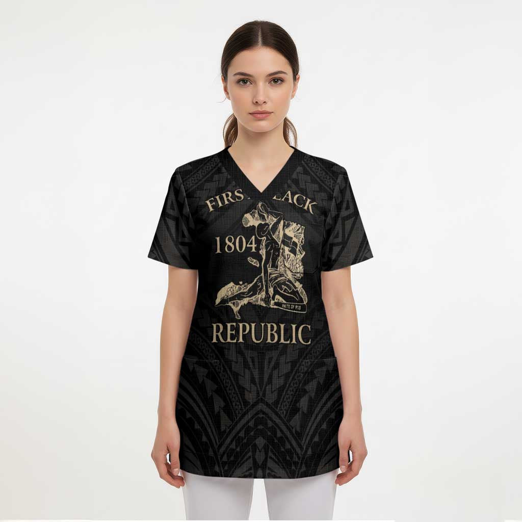 Personalized Haiti First Black Republic Scrub Top Negre Marron With Map And Flag - Polynesian Pride