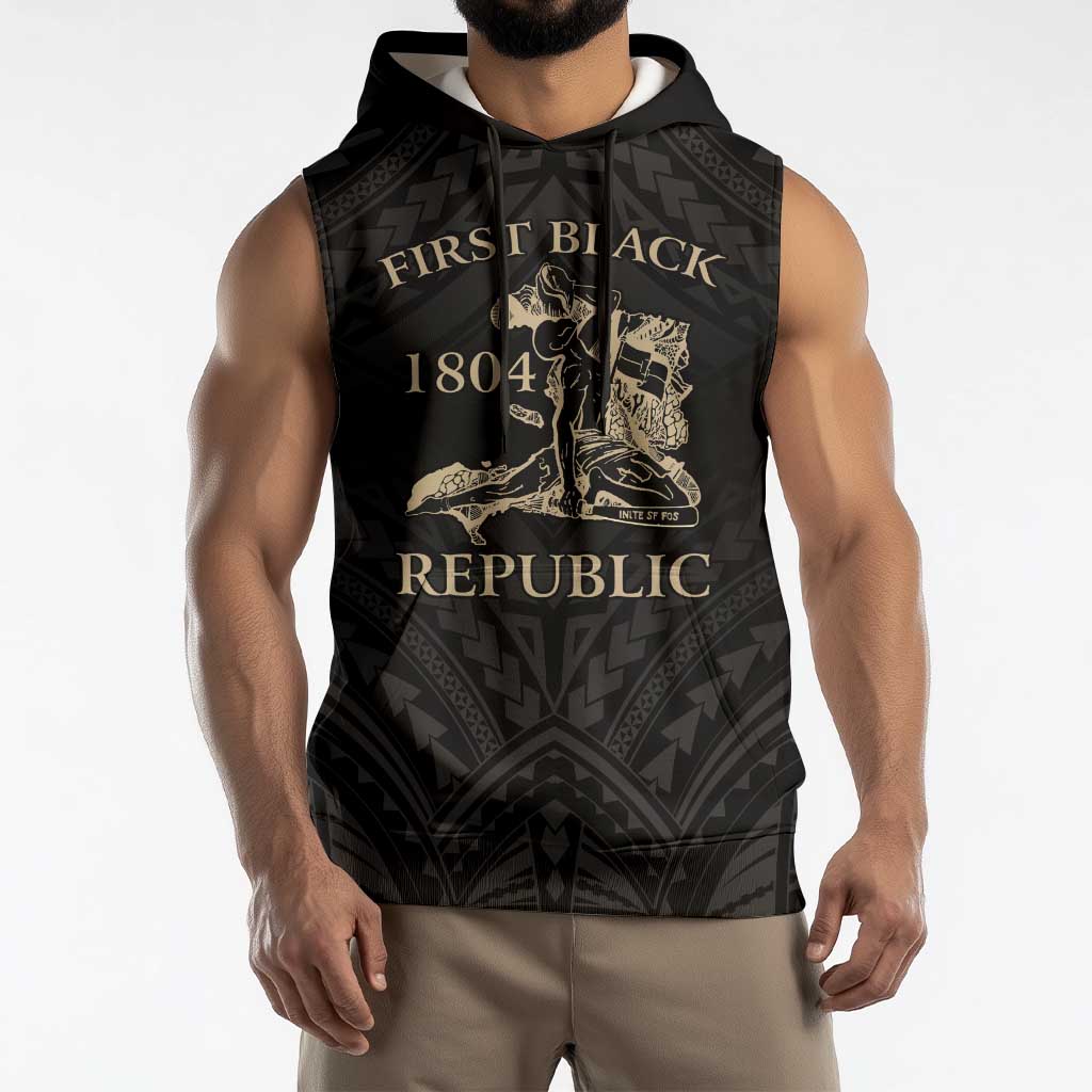 Personalized Haiti First Black Republic Sleeveless Hoodie Negre Marron With Map And Flag - Polynesian Pride