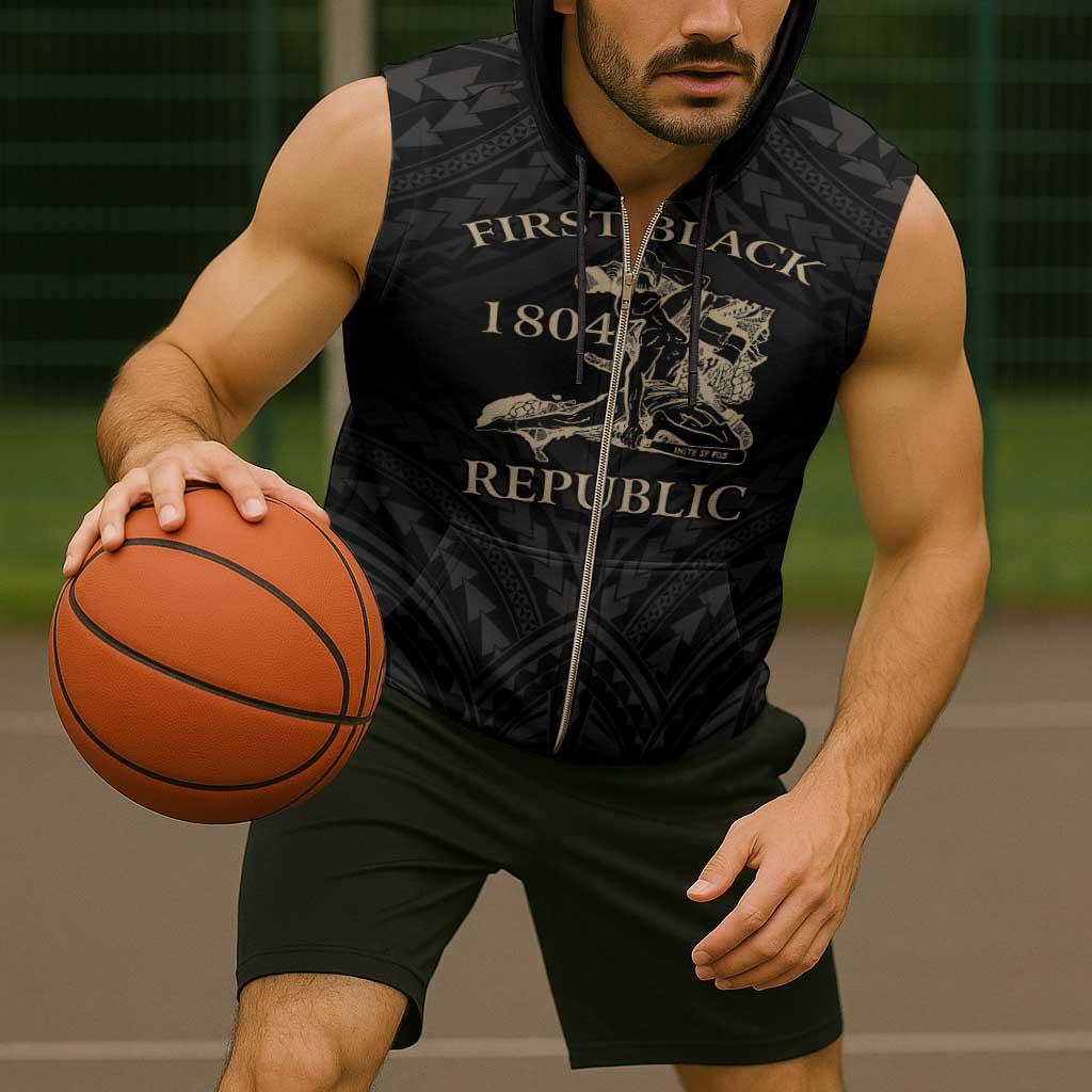 Personalized Haiti First Black Republic Sleeveless Zip Hoodie Negre Marron With Map And Flag - Polynesian Pride