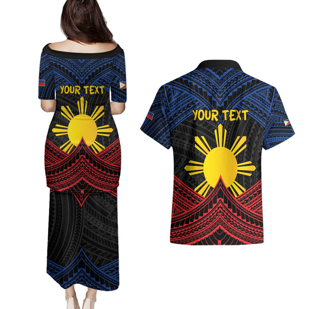 Personalized Philippines Couples Matching Puletasi and Hawaiian Shirt Polynesian Tribal Tattoo with Filipino Flag Motif