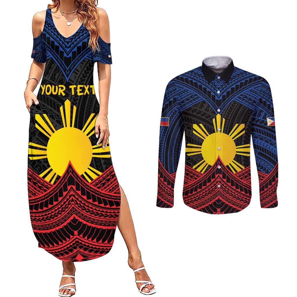 Personalized Philippines Couples Matching Summer Maxi Dress and Long Sleeve Button Shirt Polynesian Tribal Tattoo with Filipino Flag Motif