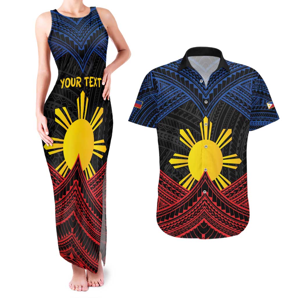 Personalized Philippines Couples Matching Tank Maxi Dress and Hawaiian Shirt Polynesian Tribal Tattoo with Filipino Flag Motif