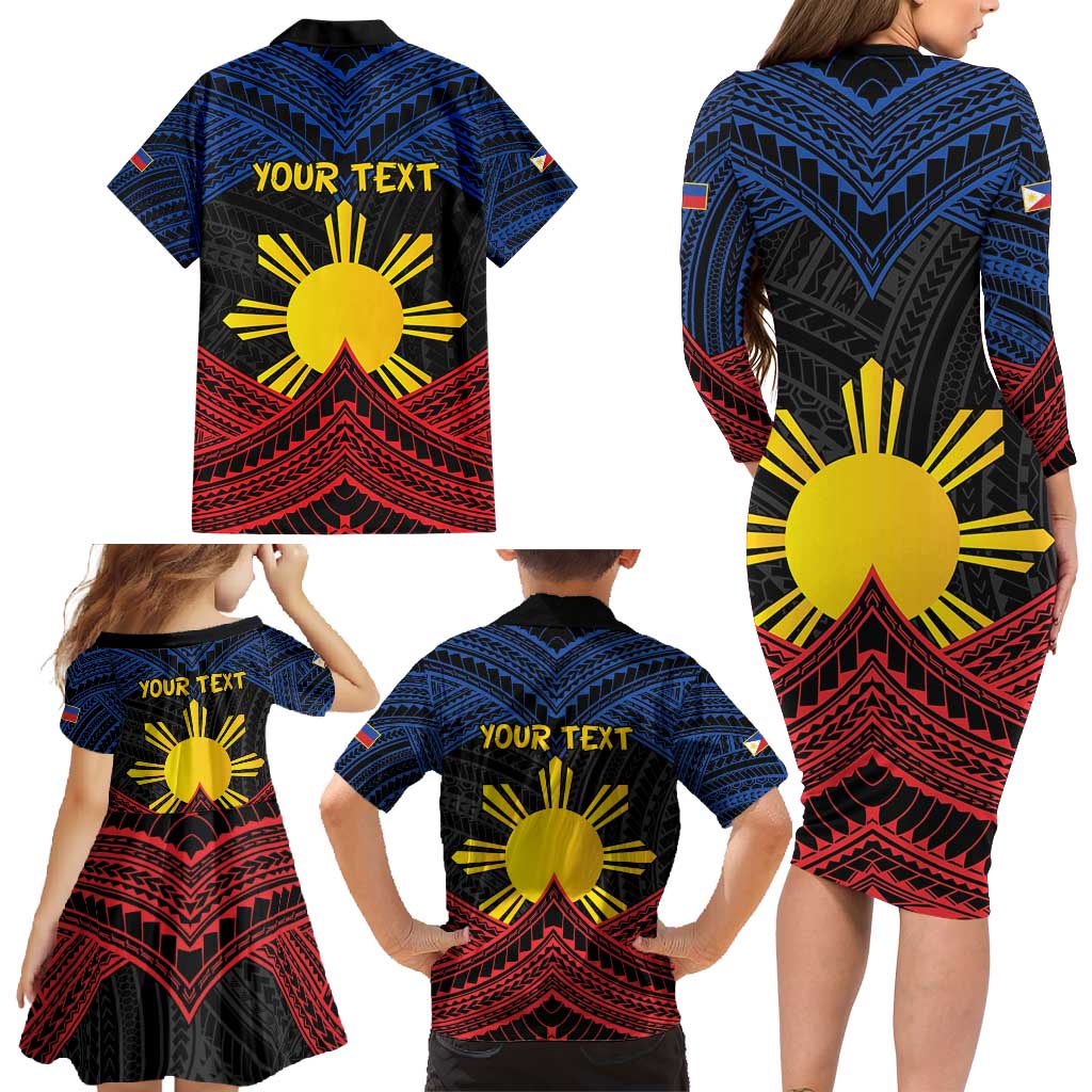 Personalized Philippines Family Matching Long Sleeve Bodycon Dress and Hawaiian Shirt Polynesian Tribal Tattoo with Filipino Flag Motif
