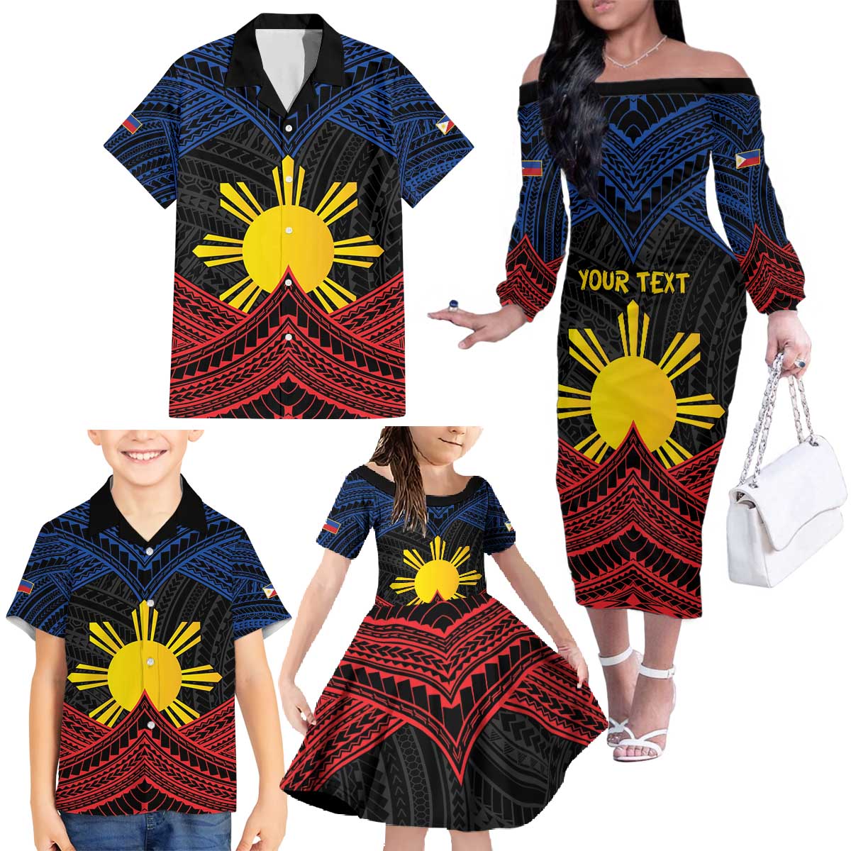 Personalized Philippines Family Matching Off The Shoulder Long Sleeve Dress and Hawaiian Shirt Polynesian Tribal Tattoo with Filipino Flag Motif