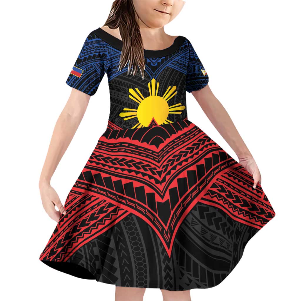 Personalized Philippines Family Matching Off Shoulder Short Dress and Hawaiian Shirt Polynesian Tribal Tattoo with Filipino Flag Motif