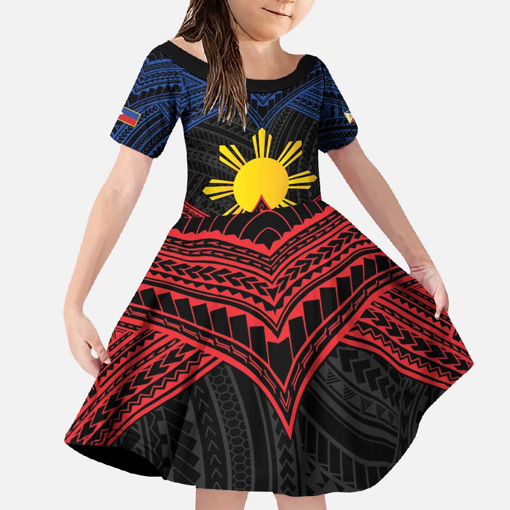 Personalized Philippines Family Matching Short Sleeve Bodycon Dress and Hawaiian Shirt Polynesian Tribal Tattoo with Filipino Flag Motif