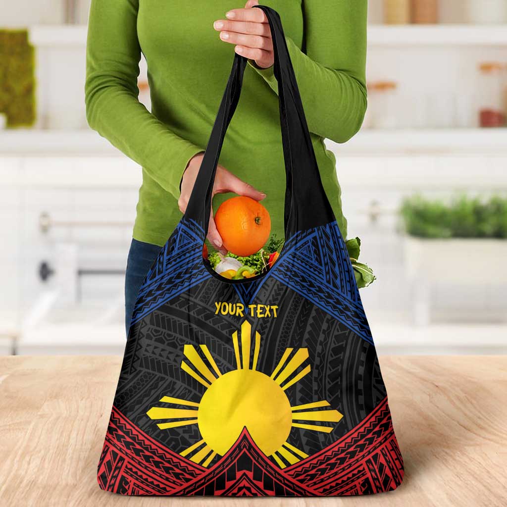 Personalized Philippines Grocery Bag Polynesian Tribal Tattoo with Filipino Flag Motif