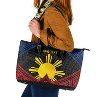 Personalized Philippines Leather Tote Bag Polynesian Tribal Tattoo with Filipino Flag Motif