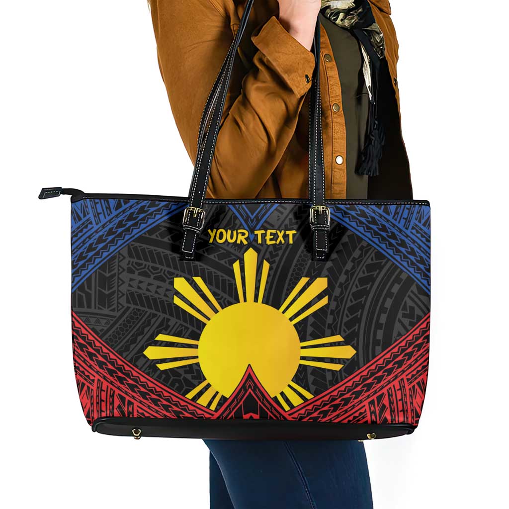 Personalized Philippines Leather Tote Bag Polynesian Tribal Tattoo with Filipino Flag Motif