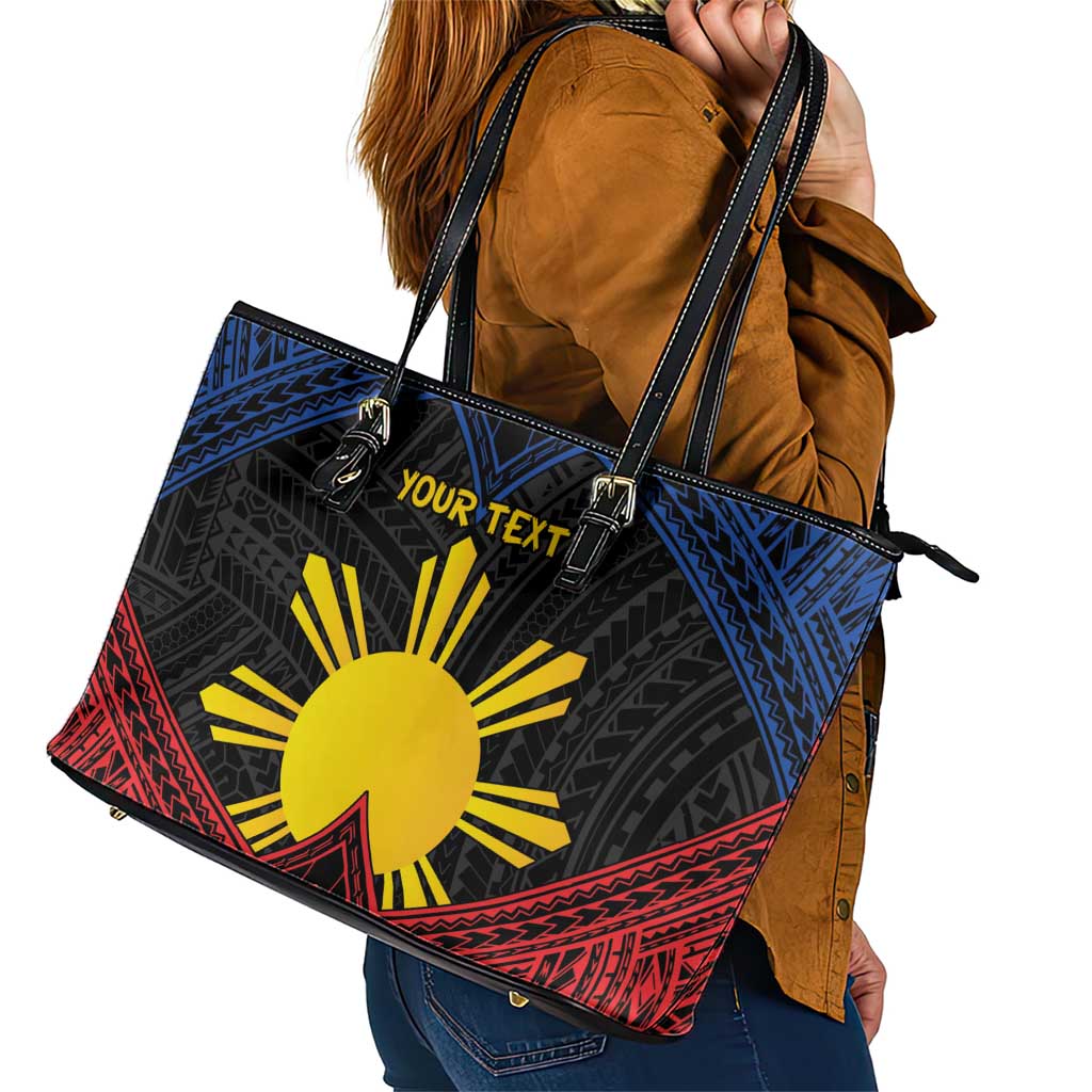 Personalized Philippines Leather Tote Bag Polynesian Tribal Tattoo with Filipino Flag Motif