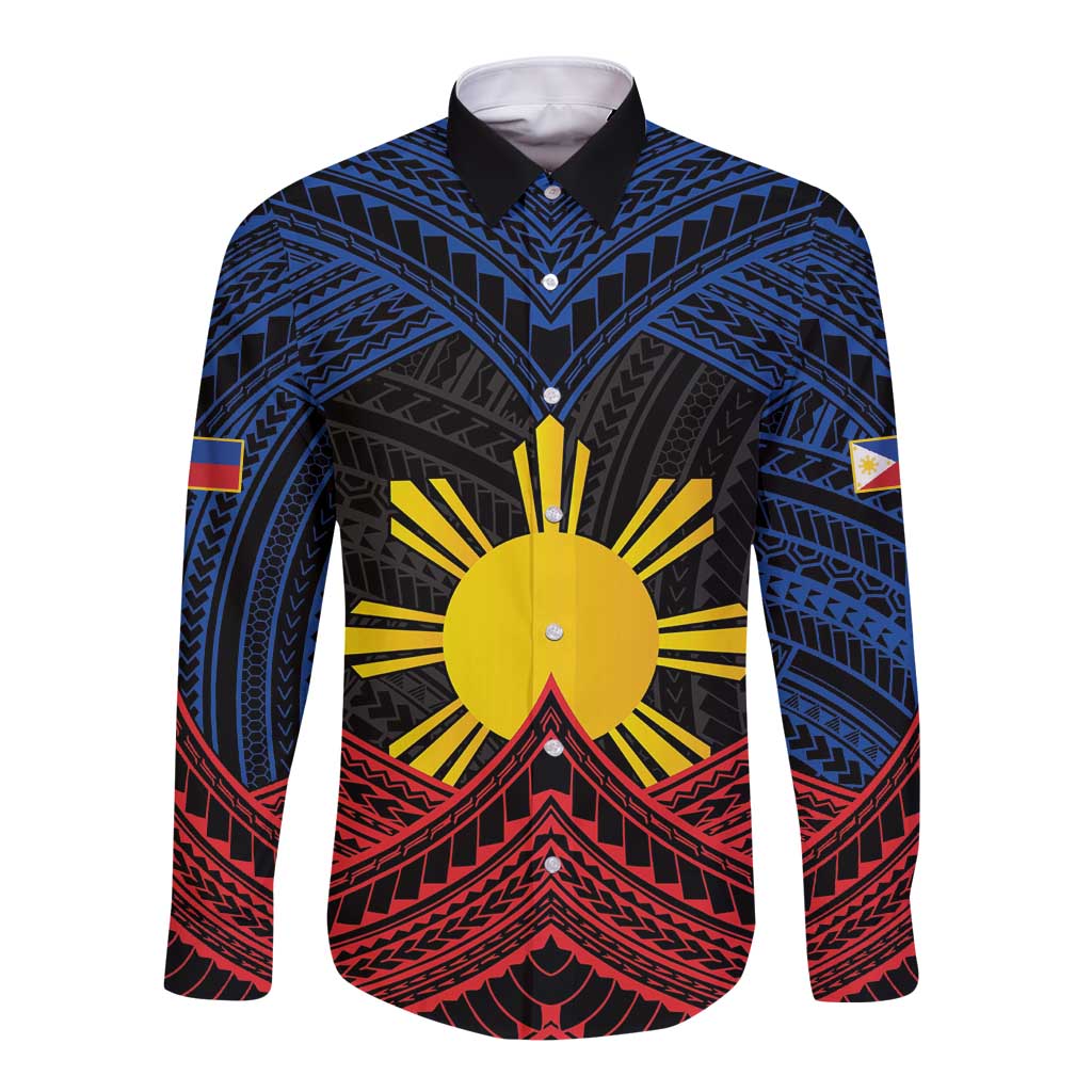 Personalized Philippines Long Sleeve Button Shirt Polynesian Tribal Tattoo with Filipino Flag Motif