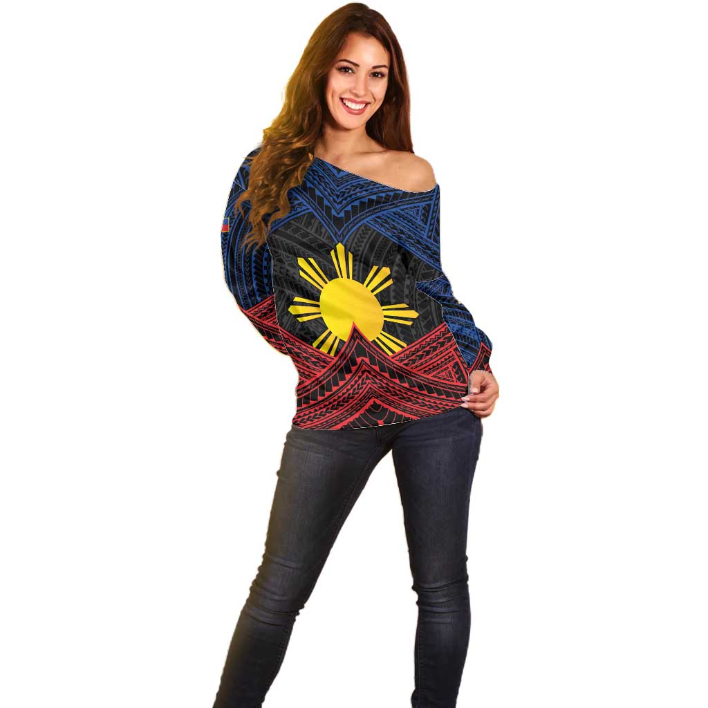 Personalized Philippines Off Shoulder Sweater Polynesian Tribal Tattoo with Filipino Flag Motif