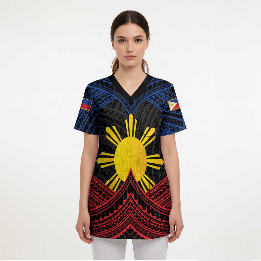 Personalized Philippines Scrub Top Polynesian Tribal Tattoo with Filipino Flag Motif - Polynesian Pride