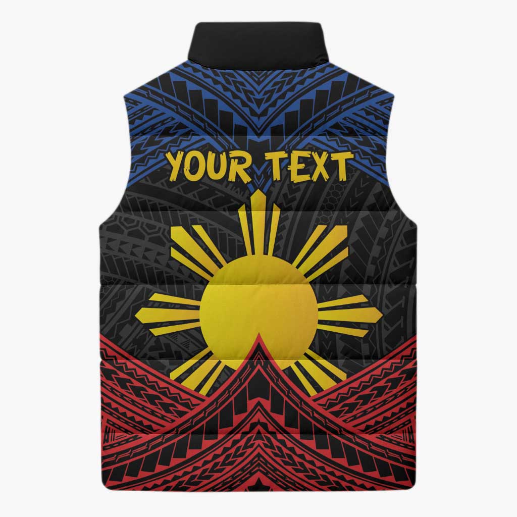 Personalized Philippines Sleeveless Puffer Jacket Polynesian Tribal Tattoo with Filipino Flag Motif - Polynesian Pride