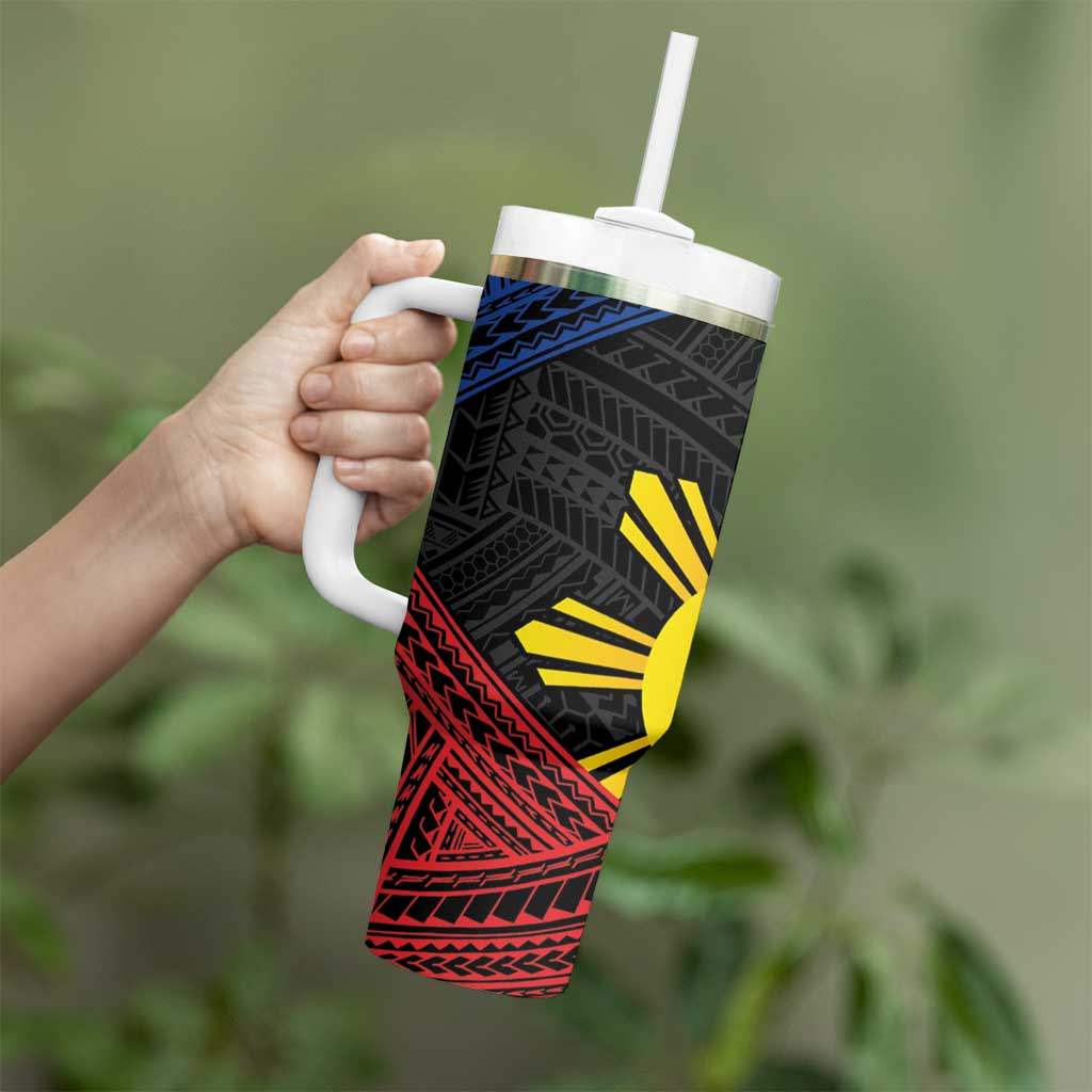 Personalized Philippines Tumbler With Handle Polynesian Tribal Tattoo with Filipino Flag Motif