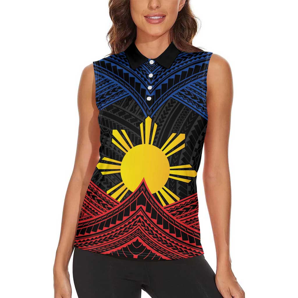 Personalized Philippines Women Sleeveless Polo Shirt Polynesian Tribal Tattoo with Filipino Flag Motif