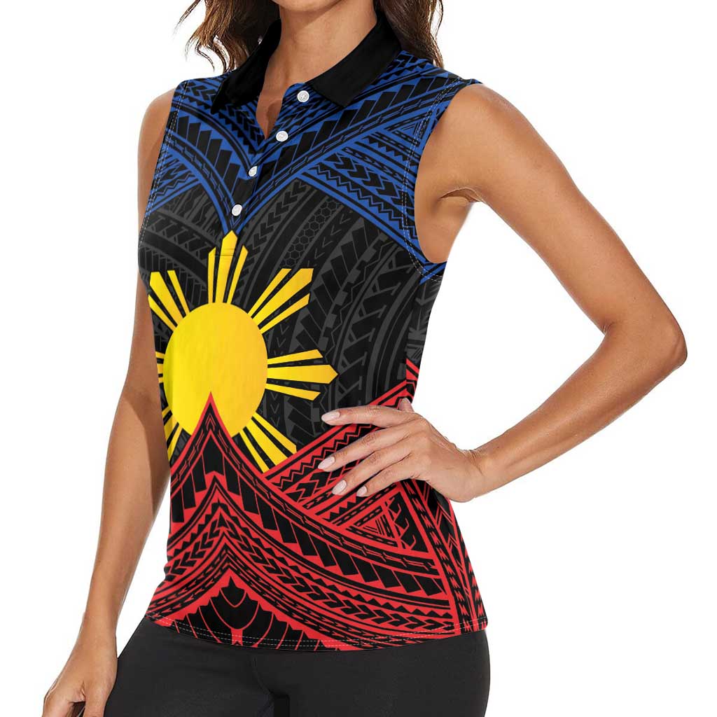 Personalized Philippines Women Sleeveless Polo Shirt Polynesian Tribal Tattoo with Filipino Flag Motif