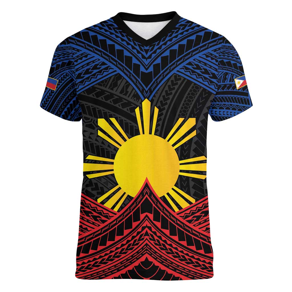 Personalized Philippines Women V-Neck T-Shirt Polynesian Tribal Tattoo with Filipino Flag Motif