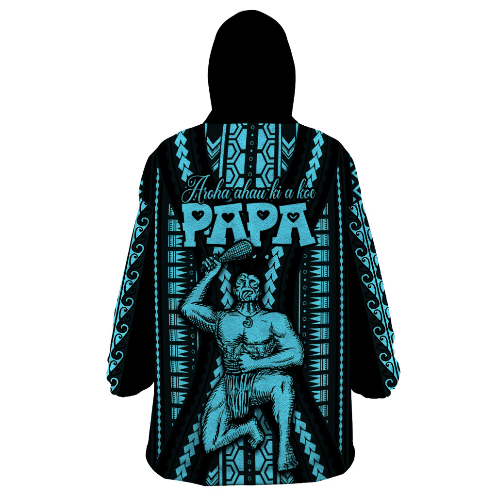 Aotearoa Father's Day Gift For Dad Wearable Blanket Hoodie Aroha Ahau Ki A Koe Papa - Aqua Maori Style Pattern LT9 - Polynesian Pride