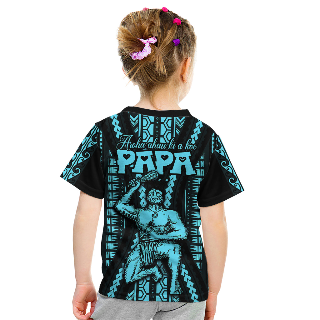 Personalised Aotearoa Father's Day Gift For Dad Kid T Shirt Aroha Ahau Ki A Koe Papa - Aqua Maori Style Pattern LT9 - Polynesian Pride