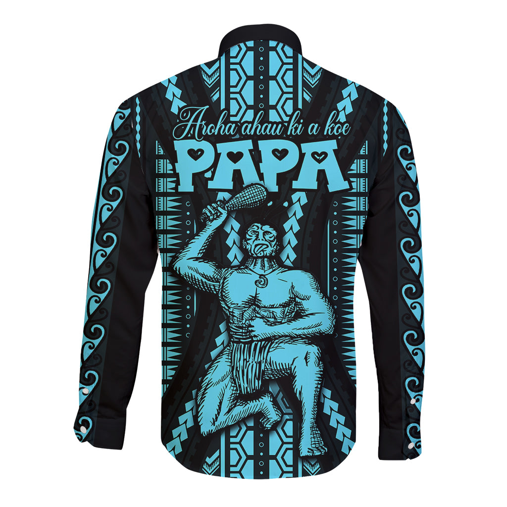 Personalised Aotearoa Father's Day Gift For Dad Long Sleeve Button Shirt Aroha Ahau Ki A Koe Papa - Aqua Maori Style Pattern LT9 - Polynesian Pride