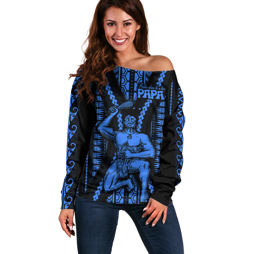 Aotearoa Father's Day Gift For Dad Off Shoulder Sweater Aroha Ahau Ki A Koe Papa - Blue Maori Style Pattern LT9 Women Blue - Polynesian Pride