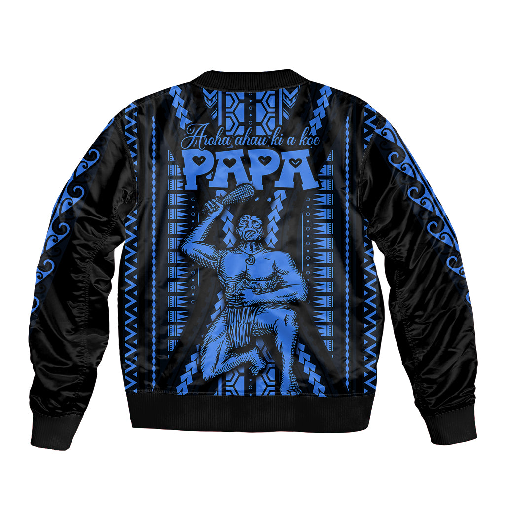 Personalised Aotearoa Father's Day Gift For Dad Sleeve Zip Bomber Jacket Aroha Ahau Ki A Koe Papa - Blue Maori Style Pattern LT9 - Polynesian Pride