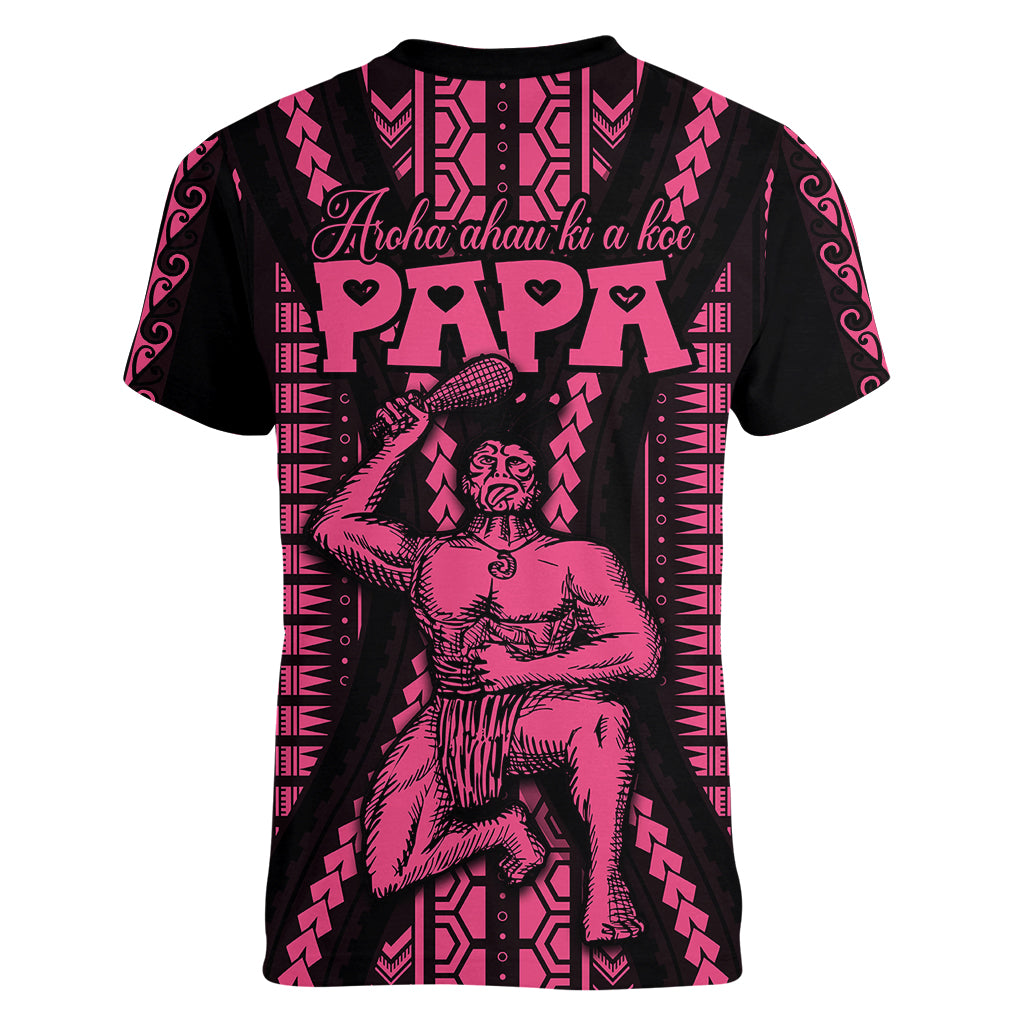 Custom Maori Fathers Day New Zealand Women V Neck T Shirt Aroha Ahau Ki A Koe Papa - Pink LT9 - Polynesian Pride