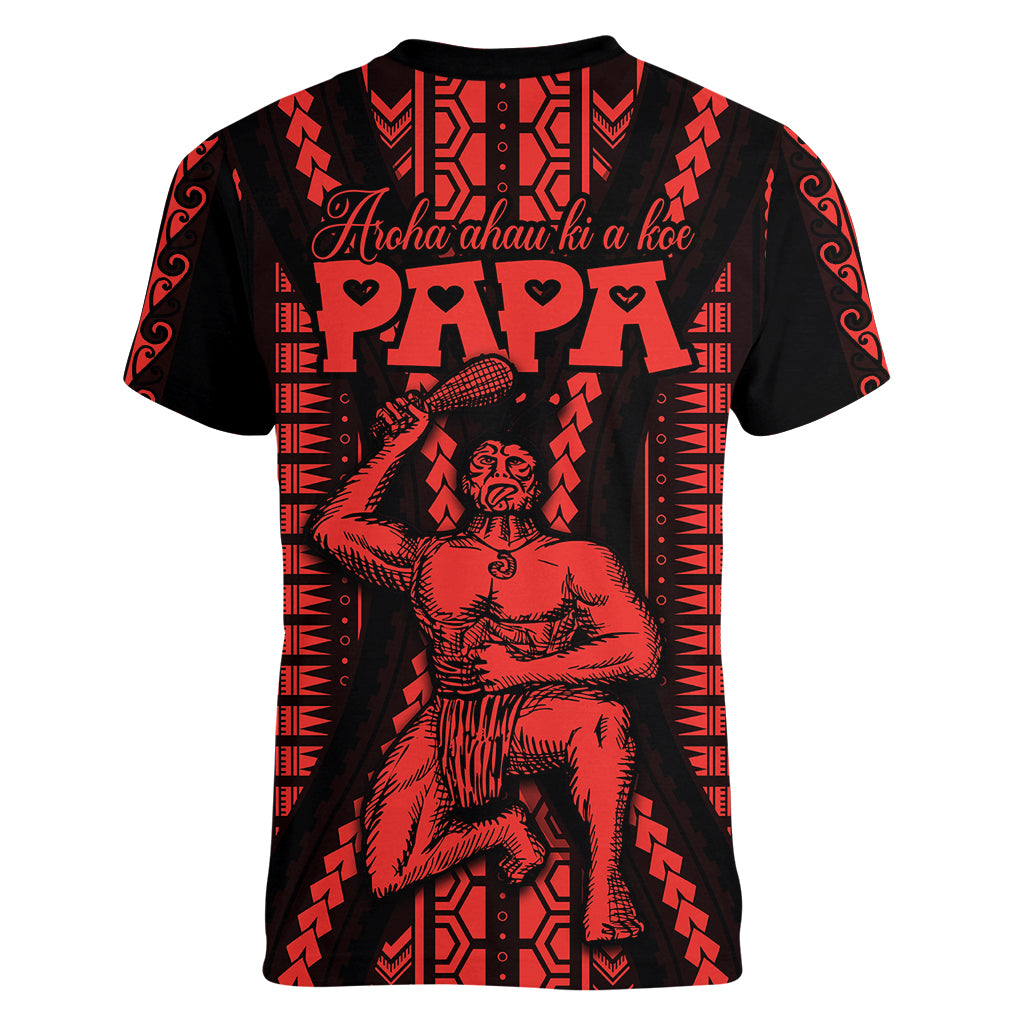Maori Fathers Day New Zealand Women V Neck T Shirt Aroha Ahau Ki A Koe Papa - Red LT9 - Polynesian Pride