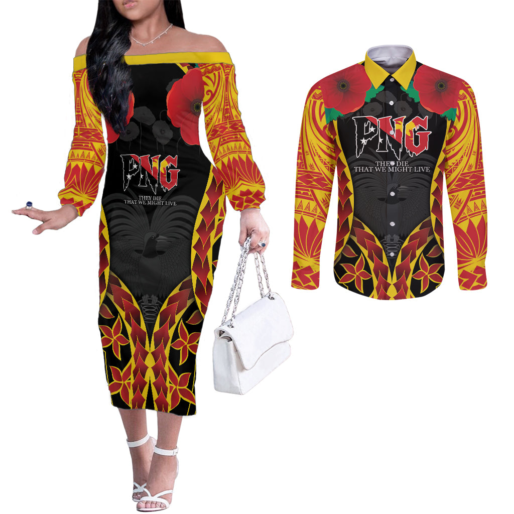 Personalised Papua New Guinea Remembrance Day Couples Matching Off The Shoulder Long Sleeve Dress and Long Sleeve Button Shirt