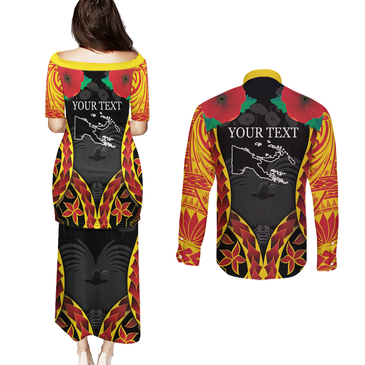Personalised Papua New Guinea Remembrance Day Couples Matching Puletasi and Long Sleeve Button Shirt
