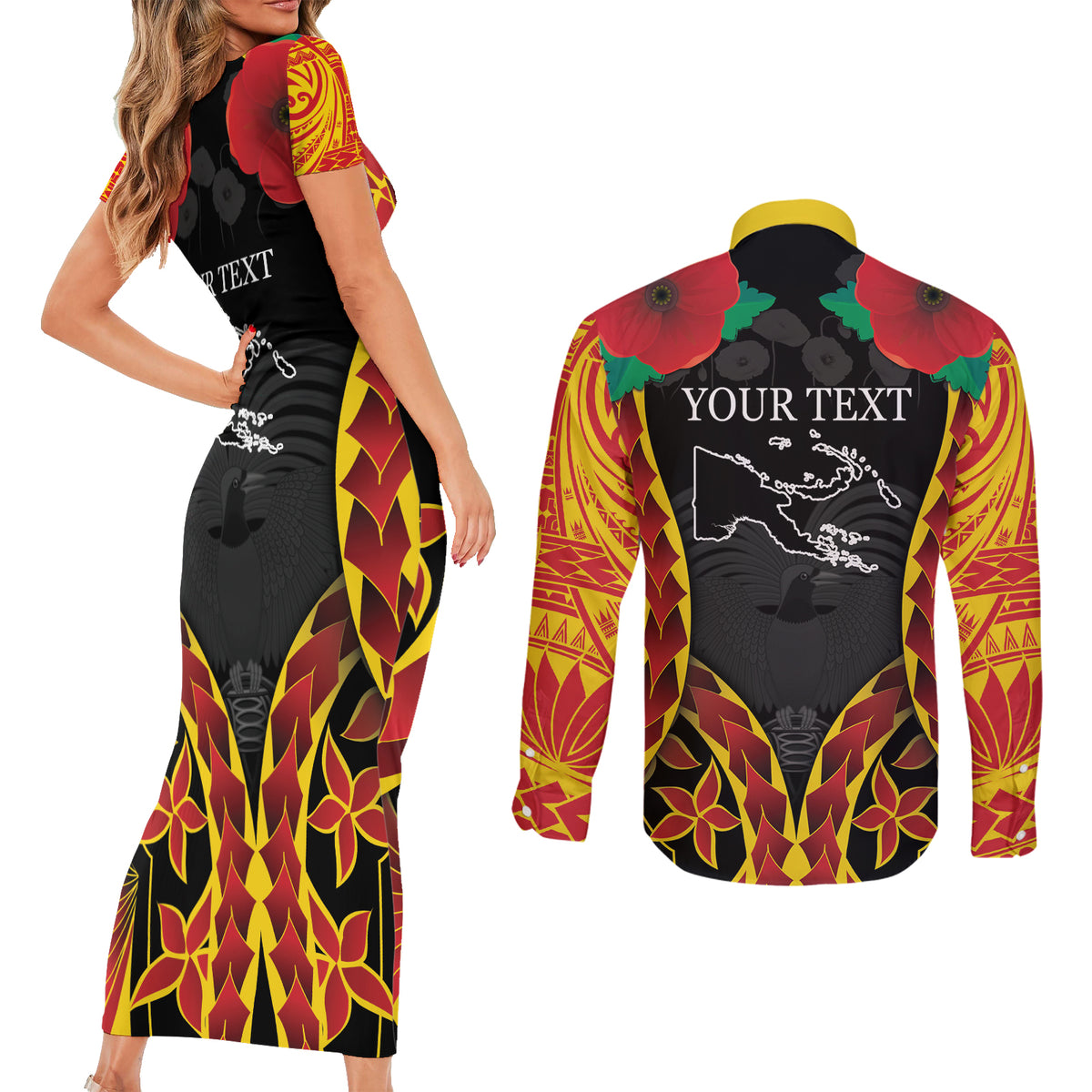 Personalised Papua New Guinea Remembrance Day Couples Matching Short Sleeve Bodycon Dress and Long Sleeve Button Shirt
