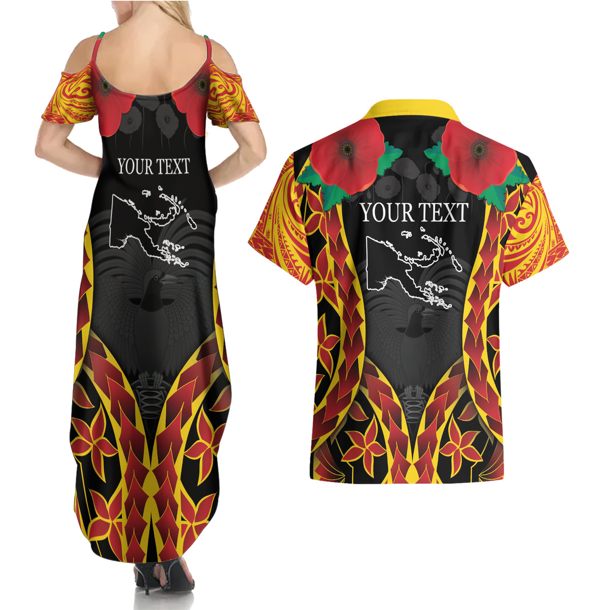 Personalised Papua New Guinea Remembrance Day Couples Matching Summer Maxi Dress and Hawaiian Shirt