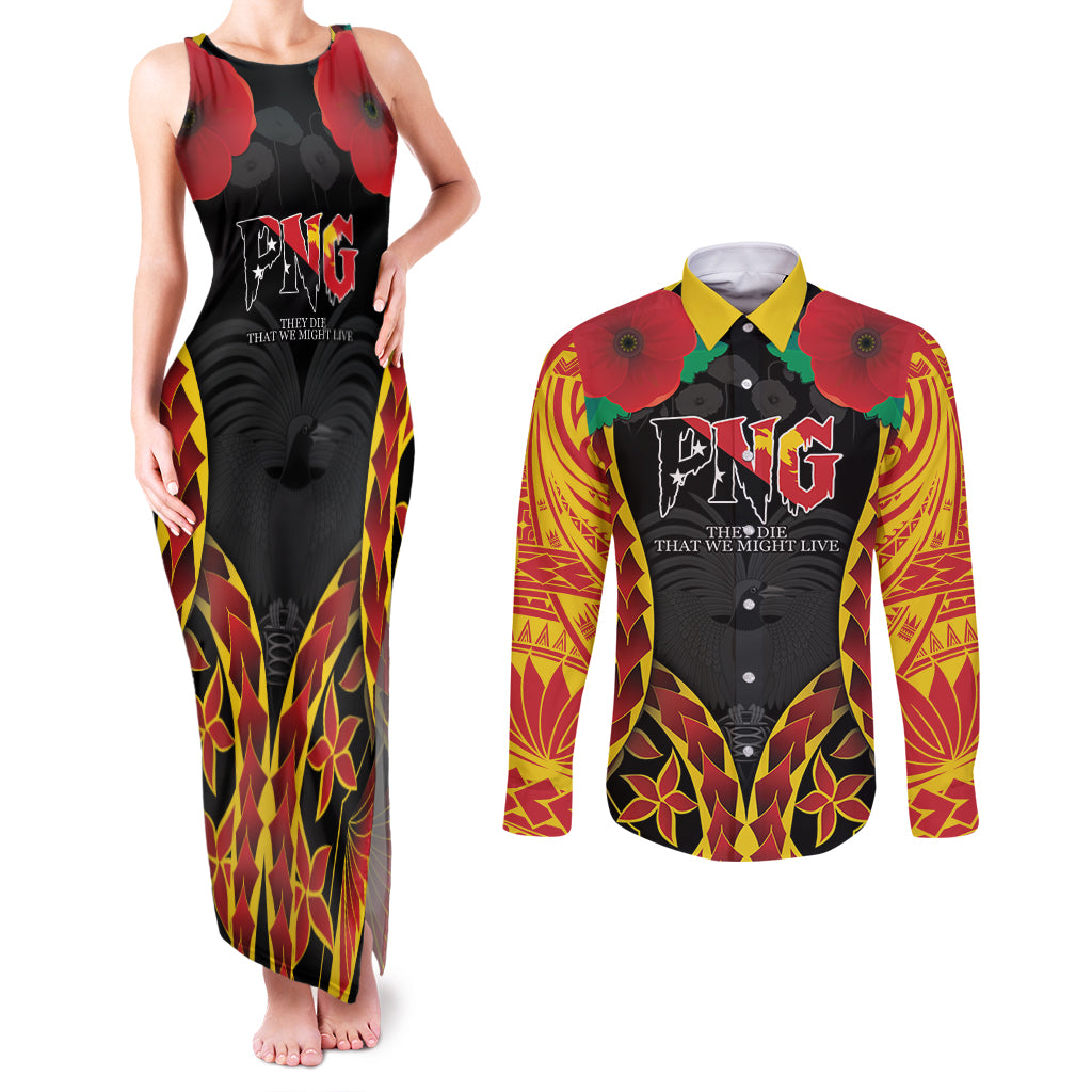 Personalised Papua New Guinea Remembrance Day Couples Matching Tank Maxi Dress and Long Sleeve Button Shirt