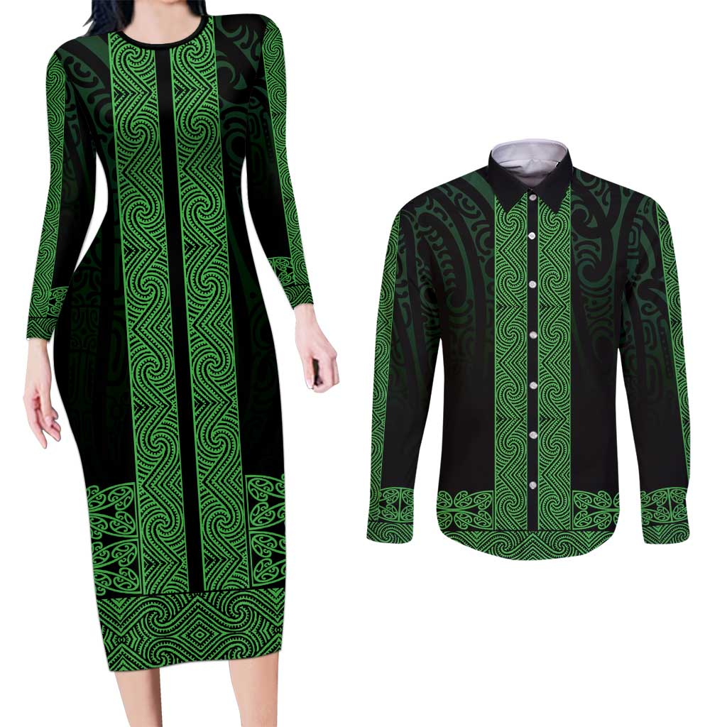 New Zealand Maori Kowhaiwhai Couples Matching Long Sleeve Bodycon Dress and Long Sleeve Button Shirt Kakariki Maui and Mangopare