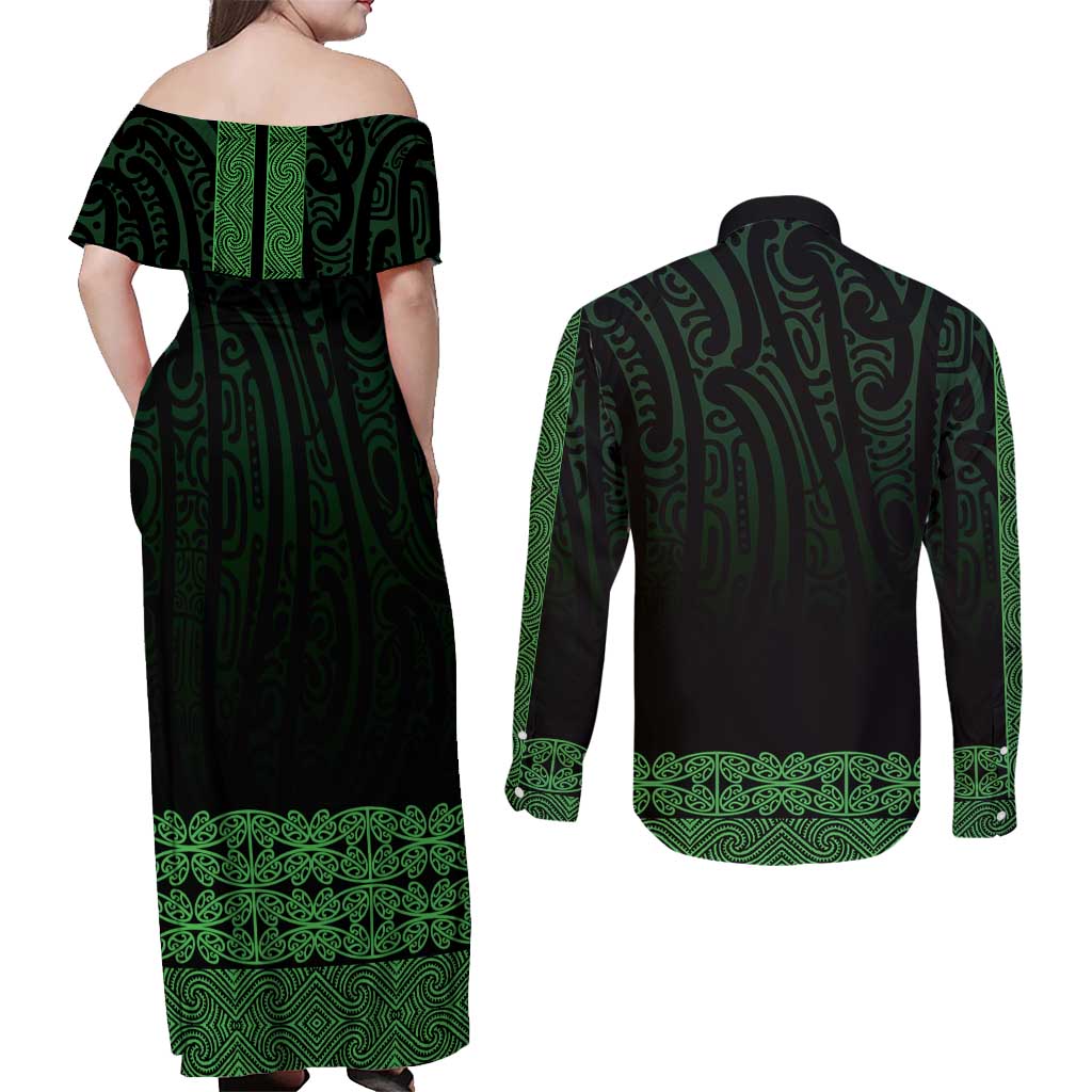 New Zealand Maori Kowhaiwhai Couples Matching Off Shoulder Maxi Dress and Long Sleeve Button Shirt Kakariki Maui and Mangopare