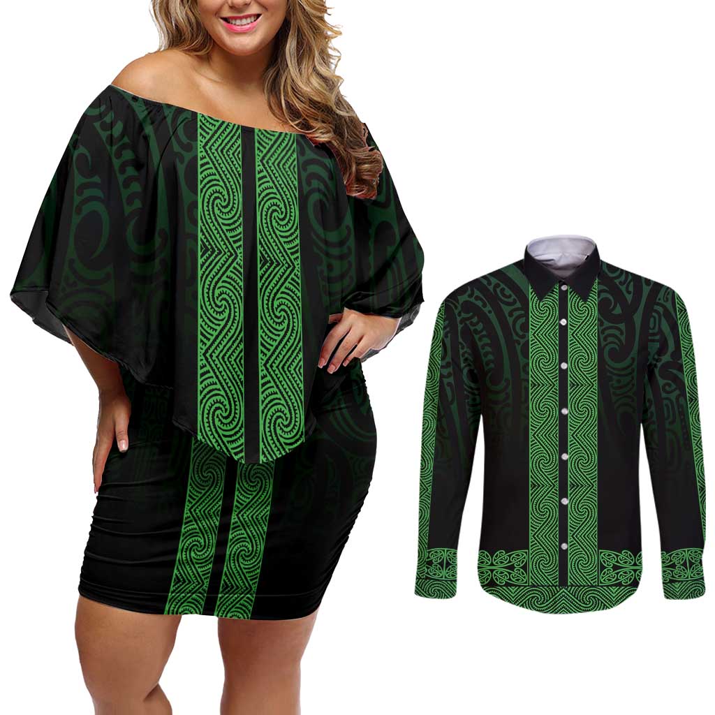New Zealand Maori Kowhaiwhai Couples Matching Off Shoulder Short Dress and Long Sleeve Button Shirt Kakariki Maui and Mangopare
