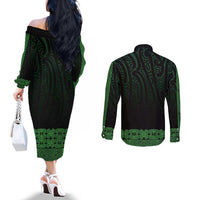 New Zealand Maori Kowhaiwhai Couples Matching Off The Shoulder Long Sleeve Dress and Long Sleeve Button Shirt Kakariki Maui and Mangopare