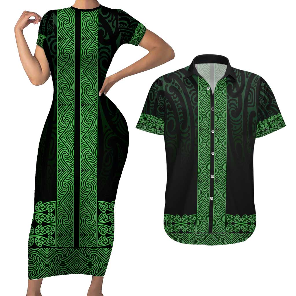 New Zealand Maori Kowhaiwhai Couples Matching Short Sleeve Bodycon Dress and Hawaiian Shirt Kakariki Maui and Mangopare