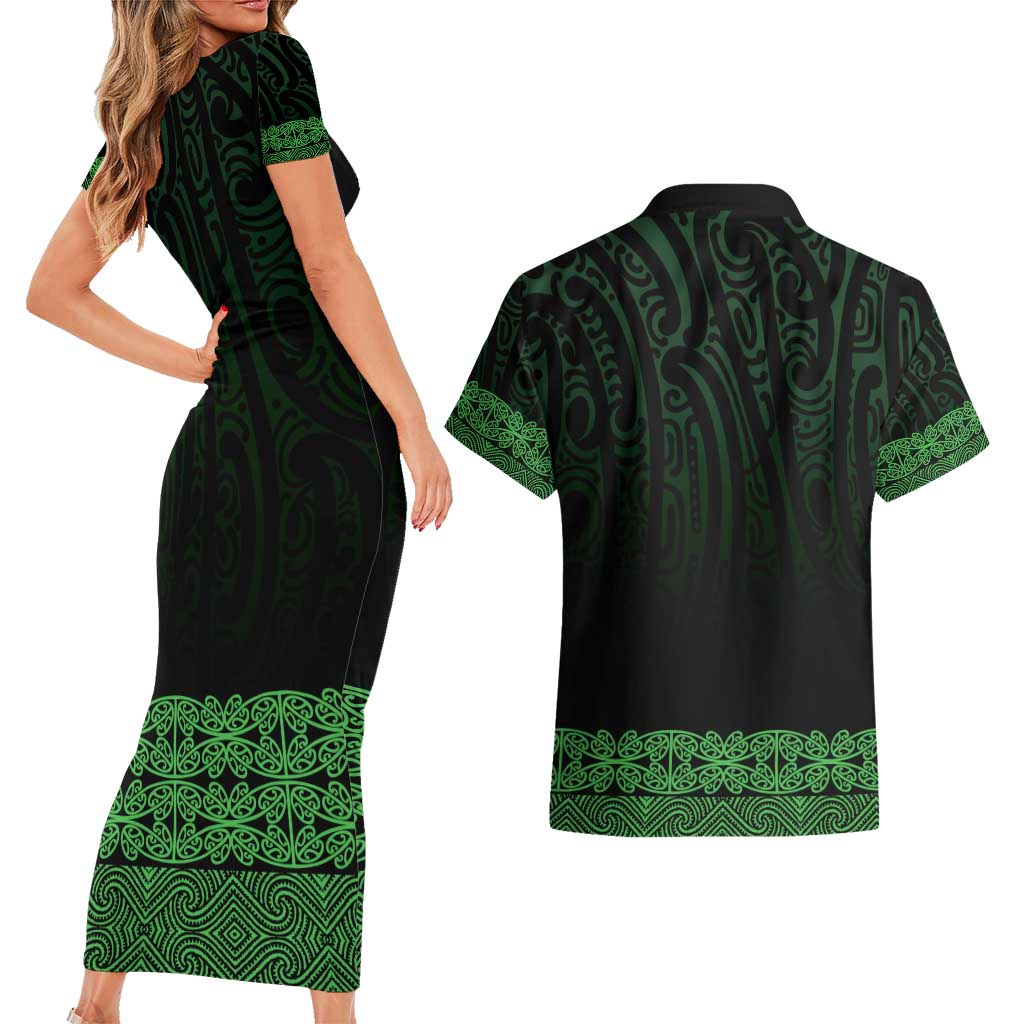 New Zealand Maori Kowhaiwhai Couples Matching Short Sleeve Bodycon Dress and Hawaiian Shirt Kakariki Maui and Mangopare